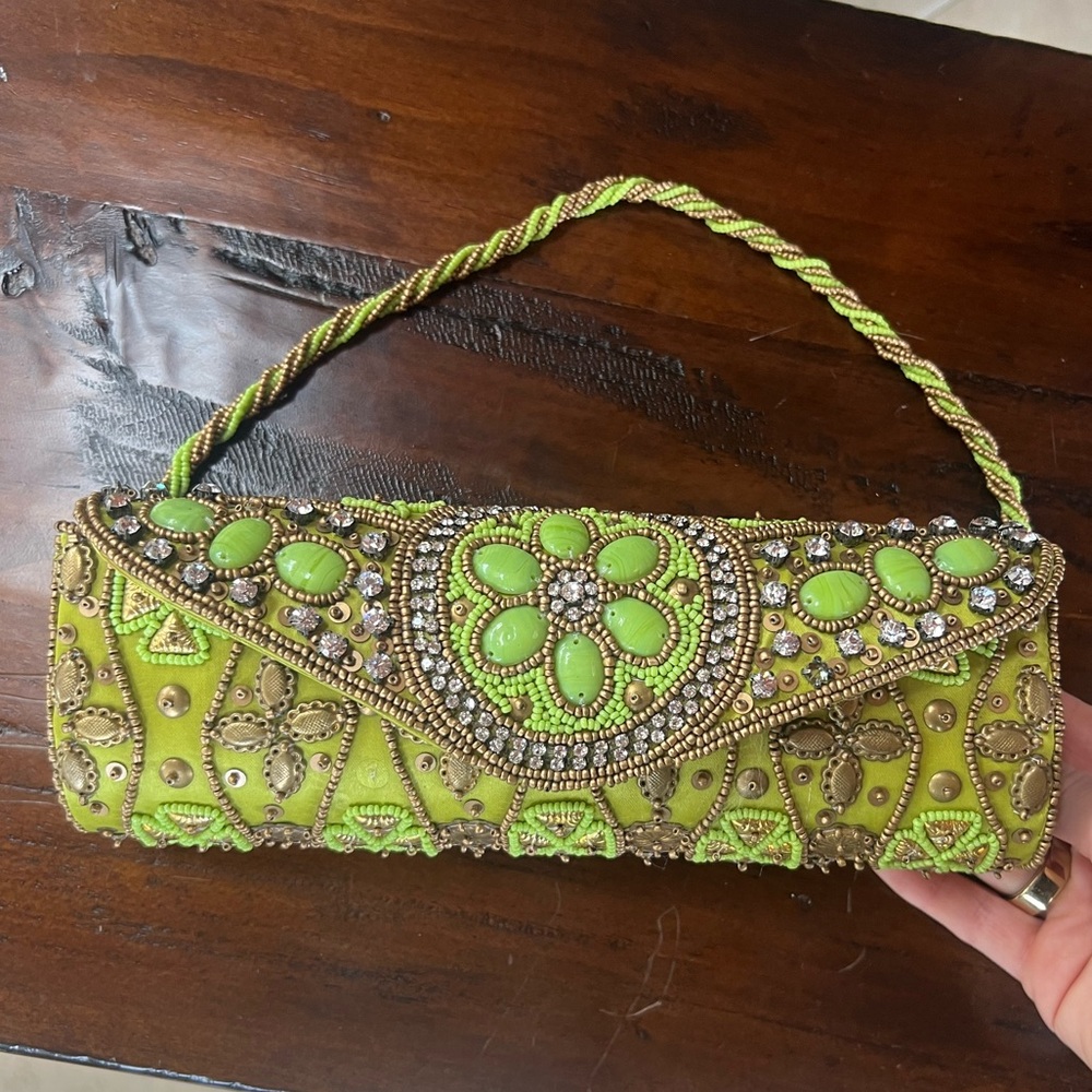 Bougainvillea Vintage Green Embellished Clutch